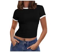 T-shirt d'été à manches courtes pour femme - Col rond - Rayures - Coupe ajustée - Tricot côtelé - T-shirt basique - Haut métallique pour femme, Noir , L