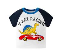 T-shirt d'été à manches courtes pour garçon, haut décontracté avec imprimé dinosaure et voiture, confortable et respirant, idéal pour les activités de plein air quotidiennes. (Blue, 3-4 Years)