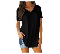 T-Shirt D'été Décontracté à Manches Courtes Col en V Femme Grande Taille 100% Coton Top Chic Élégant Débardeur Décontracté Couleur Unie Hauts Tuniques De Base Lâches