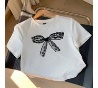 T-shirt d'été décontracté noir en dentelle à imprimé papillon blanc avec col rond à manches courtes et taille cintrée pour femmes L,M,S,XL,XS,XXL,XXS,XXXL,XXXXLBlocs de couleur,Portrait,PapillonTissu 