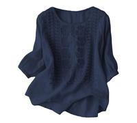 T-shirt d'été décontracté pour femme avec col brodé floral pour un usage quotidien avec motif de couleur pure 2026, bleu marine, 3XL