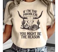 T-shirt d'été décontracté pour femmes grandes tailles avec imprimé de cactus du désert et de crâne de taureau - "Si je suis le problème, vous pourriez être la raison", t-shirt graphique à coupe décont
