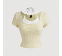 T-shirt d'été en 2-en-1 pour femmes avec nœud papillon de ballet Kawaii et garniture en dentelle à manches courtes L,M,S,XL,XS,XXL,XXS,XXXL,XXXXLUnicoloreTissu tricoté
