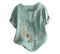 T-Shirt D'été Imprimé Fleuri Manches Courtes Pour Femmes Chemise Lin Col Rond Tops Casual Oversize Grande Taille Blouse Coton Lin avec Boutons Pour Tenues Quotidiennes Vacances Tops Décontracté