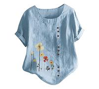 T-Shirt D'été Imprimé Fleuri Manches Courtes Pour Femmes Chemise Lin Col Rond Tops Casual Oversize Grande Taille Blouse Coton Lin avec Boutons Pour Tenues Quotidiennes Vacances Tops Décontracté