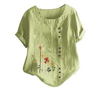 T-Shirt D'été Imprimé Fleuri Manches Courtes Pour Femmes Chemise Lin Col Rond Tops Casual Oversize Grande Taille Blouse Coton Lin avec Boutons Pour Tenues Quotidiennes Vacances Tops Décontracté