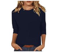 T-shirt d'été pour femme - Haut en coton - Manches 3/4 - Décontracté - Coupe ample - Col rond - Tunique solide - Avec trois quarts - Tenue de fête pour femme sexy, Marine, L