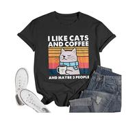 T-shirt d'été pour femme « I Like Cats and Maybe 3 People » - Décontracté 2026 - Coupe ample - Tendance - Pour sortir - Col rond - T-shirt à manches courtes pour femme, Noir , 4XL