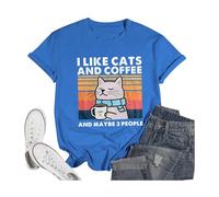 T-shirt d'été pour femme « I Like Cats and Maybe 3 People » - Tendance 2026 - Coupe ample - Pour la course à pied - Joli t-shirt à manches courtes - Décontracté - Pour sortir, anniversaire, bleu, M