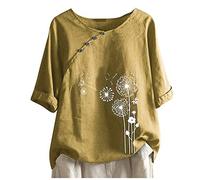 T-shirt d'été pour femme - Style vintage - En coton et lin - Grandes tailles - Couleur unie - Manches courtes - Décontracté - Col rond - Pull tunique - Chemisier ample - 5XL