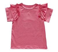 T-shirt d'été pour fille 110 - Col rond - Couleur unie - Manches courtes - Respirant - Haut mignon - En coton - Vêtement confortable - Taille 90 à 140, rose, 100