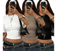 T-shirt d'été streetwear décontracté pour sortir, style Y2K, couleurs terre, noir et blanc, taille cintrée, col rond, lot de 3 pièces, top d'été L,M,S,XL,XS,XXSUnicoloreTissu tricoté