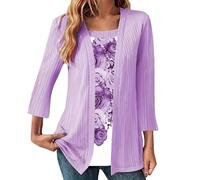 T-shirt deux pièces à imprimé floral pour femme - Manches 3/4 - Col carré - Tunique décontractée - Cache-ventre, violet, S