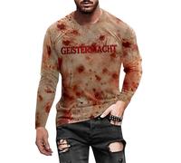 T-shirt d'Halloween à manches longues pour homme avec col rond Motif éclaboussures de sang Hauts horrifiés Imprimé Thé problème Résolu Lettres sanglantes Hauts décontractés pour hommes