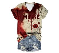T-shirt d'Halloween amusant avec col en V et lettre terreur sanglante imprimée, haut à manches courtes, style effrayant, chemisier décontracté, costumes d'Halloween pour femmes, 01# Rouge brique, XL