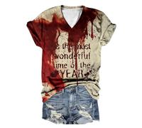 T-shirt d'Halloween amusant avec col en V et lettre terreur sanglante imprimée, haut à manches courtes, style effrayant, chemisier décontracté, costumes d'Halloween pour femmes, 04# Vin, XXL