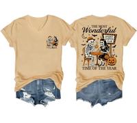 T-shirt d'Halloween avec col en V « The Most Wonderful Time of The Year », Marron jaune clair, M