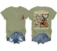T-shirt d'Halloween avec col en V « The Most Wonderful Time of The Year », vert olive, M