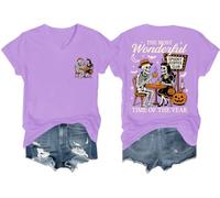 T-shirt d'Halloween avec col en V « The Most Wonderful Time of The Year », violet clair, XL