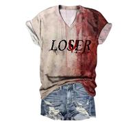 T-shirt d'Halloween pour femme avec inscription « Never Mind I Handled It | Impression drôle de lettres de sang, t-shirt classique à col en V, costumes d'Halloween sur le thème de l'horreur