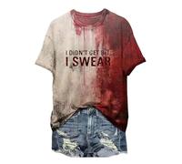 T-shirt d'Halloween pour femme avec inscription « Never Mind I Handled It | Impression drôle de lettres de sang, t-shirt classique à col en V, costumes d'Halloween sur le thème de l'horreur