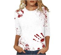 T-shirt d'Halloween pour femme avec motif sanglant, sept manches, col rond, confortable pour tout le monde, Noir , XL