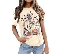 T-shirt d'Halloween pour femme avec squelette dansant - T-shirt raglan décontracté avec inscription « Have a Spooky Day » - Haut ludique pour l'automne, Style_y01 Beige, L