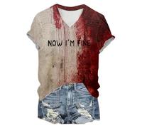 T-shirt d'Halloween pour femme col en V à manches courtes avec sang effrayant sanglant froid comme My Soul T-shirt imprimé décontracté Costume d'horreur Hauts légers Haut festif Vêtements de rue, P