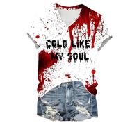 T-shirt d'Halloween pour femme col en V à manches courtes avec sang effrayant sanglant froid comme My Soul T-shirt imprimé décontracté Costume d'horreur Hauts légers Haut festif Vêtements de rue, O