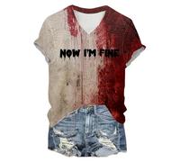 T-shirt d'Halloween pour femme col en V à manches courtes avec sang effrayant sanglant froid comme My Soul T-shirt imprimé décontracté Costume d'horreur Hauts légers Haut festif Vêtements de rue, Q