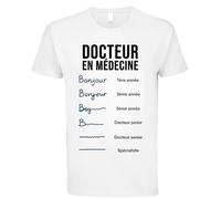 T-Shirt Docteur en Médecine, Evolution de Signature Médicale, Blanc, Humour Médical (FR/ES, Alpha/Lettres, L, Taille Normale, Taille Normale, Blanc)