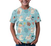 T-shirt doux avec motif lapin de Pâques, œufs et fleurs, pour filles de 3 à 14 ans, bleu clair, 4-5 ans