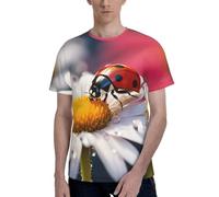T-shirt doux et élégant à manches courtes pour homme, motif coccinelle sur marguerite, parfait pour un usage quotidien, Noir , M