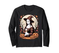 T-Shirt Effrayant Sorcière Mona Lisa Halloween Automne Café Citrouille Art Manche Longue