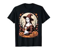 T-Shirt Effrayant Sorcière Mona Lisa Halloween Automne Café Citrouille Art T-Shirt