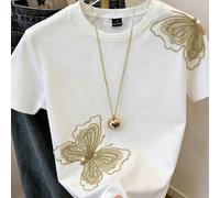 T-shirt élégant pour femmes blanc et doré avec broderie de perles papillon et applique 3D, col rond, manches courtes, décontracté pour l'été, tea party et vacances L,M,S,XLAnimalTissu tricoté