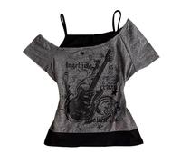 T-shirt femme emo grunge - Vintage Y2K faux 2 pièces guitare graphique enfant t-shirt gothique esthétique manches courtes épaules découvertes crop top Alt Streetwear Punk été Harajuku, gris, Large