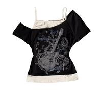 T-shirt Emo Grunge pour femme - Vintage Y2K Faux 2 pièces Guitare Graphique T-shirt gothique Esthétique Manches courtes Épaules dénudées Crop Top Alt Streetwear Punk Summer Harajuku, Noir , XL