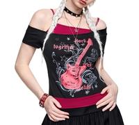 T-shirt Emo Grunge pour femme - Vintage Y2K Faux 2 pièces Guitare Graphique T-shirt gothique Esthétique Manches courtes Épaules dénudées Crop Top Alt Streetwear Punk Summer Harajuku, Rouge, S