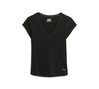 T-shirt en col V avec bordure en dentelle femme Superdry Essential Noir S/M
