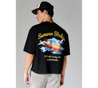 T-shirt en coton à col ras-du-cou, manches courtes, coupe droite, imprimé graphique de bateau héritage d'été, avec logo jaune à l'avant et à l'arrière L,M,S,XL,XSgraphique,LettresPolyester