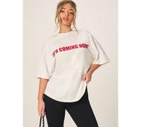 T-shirt en coton à col ras-du-cou oversize à manches courtes avec impression de texte rouge "It's Coming Home". Coupe décontractée et décontractée. Tenue sportive chic pour la Coupe du monde 2026, sty