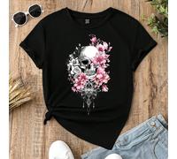 T-shirt en coton à col rond à manches courtes, style décontracté et ample, imprimé floral aquarelle de crâne et de lotus rose, convient pour l'été L,M,S,XL,XS,XXL,XXSFloral,Halloween,PlantesTissu tric