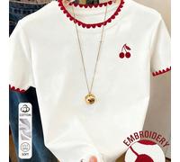 T-shirt en coton coupe regular pour femmes, hauts décontractés pour dames, nouveau design estival, imprimés graphiques, blanc, cerise rouge, broderie de dent, style extérieur, style de rue, tenue de r