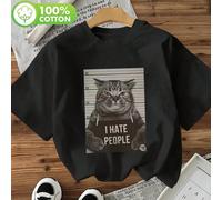 T-shirt en coton décontracté et élégant noir avec graphique "I HATE PEOPLE" et photo d'identité de chat, tee-shirt à manches courtes doux et confortable, top de rue Y2K pour fête au printemps/été L,M,