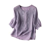T Shirt en Coton et Lin brodé pour Femmes, Boho, Ample, Vintage, rétro, léger, pour l'été Hauts Sexy Blancs Femmes Plus (Purple, M)