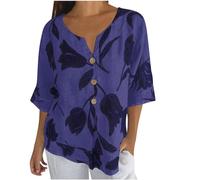T Shirt en Coton Lin Femme Blouse avec Boutons Chemisier en Lin Manches 3/4 Couleur Unie Hauts Casual Col en V Tee Shirt Imprimé Fleuri Sexy Mode LâChe Respirant Chemise Tops d'été Doux Ample