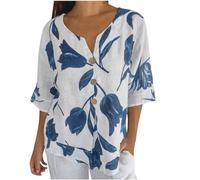 T Shirt en Coton Lin Femme Blouse avec Boutons Chemisier en Lin Manches 3/4 Couleur Unie Hauts Casual Col en V Tee Shirt Imprimé Fleuri Sexy Mode LâChe Respirant Chemise Tops d'été Doux Ample