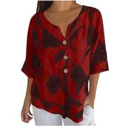 T Shirt en Coton Lin Femme Blouse avec Boutons Chemisier en Lin Manches 3/4 Couleur Unie Hauts Casual Col en V Tee Shirt Imprimé Fleuri Sexy Mode LâChe Respirant Chemise Tops d'été Doux Ample