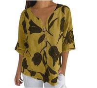 T Shirt en Coton Lin Femme Blouse avec Boutons Chemisier en Lin Manches 3/4 Couleur Unie Hauts Casual Col en V Tee Shirt Imprimé Fleuri Sexy Mode LâChe Respirant Chemise Tops d'été Doux Ample